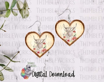 Highland Cow Heart Earring Design, Cow Png, Valentines Day Design, Heart Door Hanger Png, Farm Heart Earring, Watercolor Sublimation Design