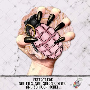 May include: A pink and black grenade-shaped nail art design with gold glitter accents. The design is held by a hand with long black nails.