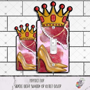 May include: Decorative light switch covers featuring a gold crown design with red accents, a pair of gold high heels, and a pearl necklace. The background has a pink and red marble pattern. The text at the bottom reads "PERFECT FOR SINGLE LIGHT SWITCH OR OUTLET COVER."