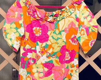 Fabulous Vintage Handmade  Neon Floral, Long Maxi Dress with Ruffle Accent Neckline