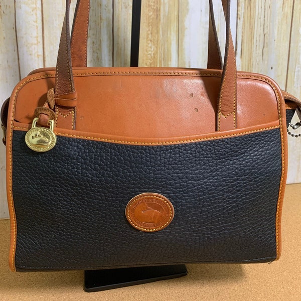 Rare Vintage Dooney & Bourke All-Weather Leather Satchel in Black Pebble leather and British Tan Trim