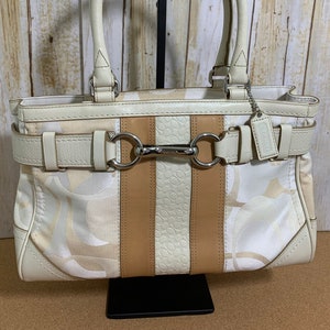 Coach Hampton Optic Signature Stripe medium carryall satchel in cream, beige and tan M0885-F13337
