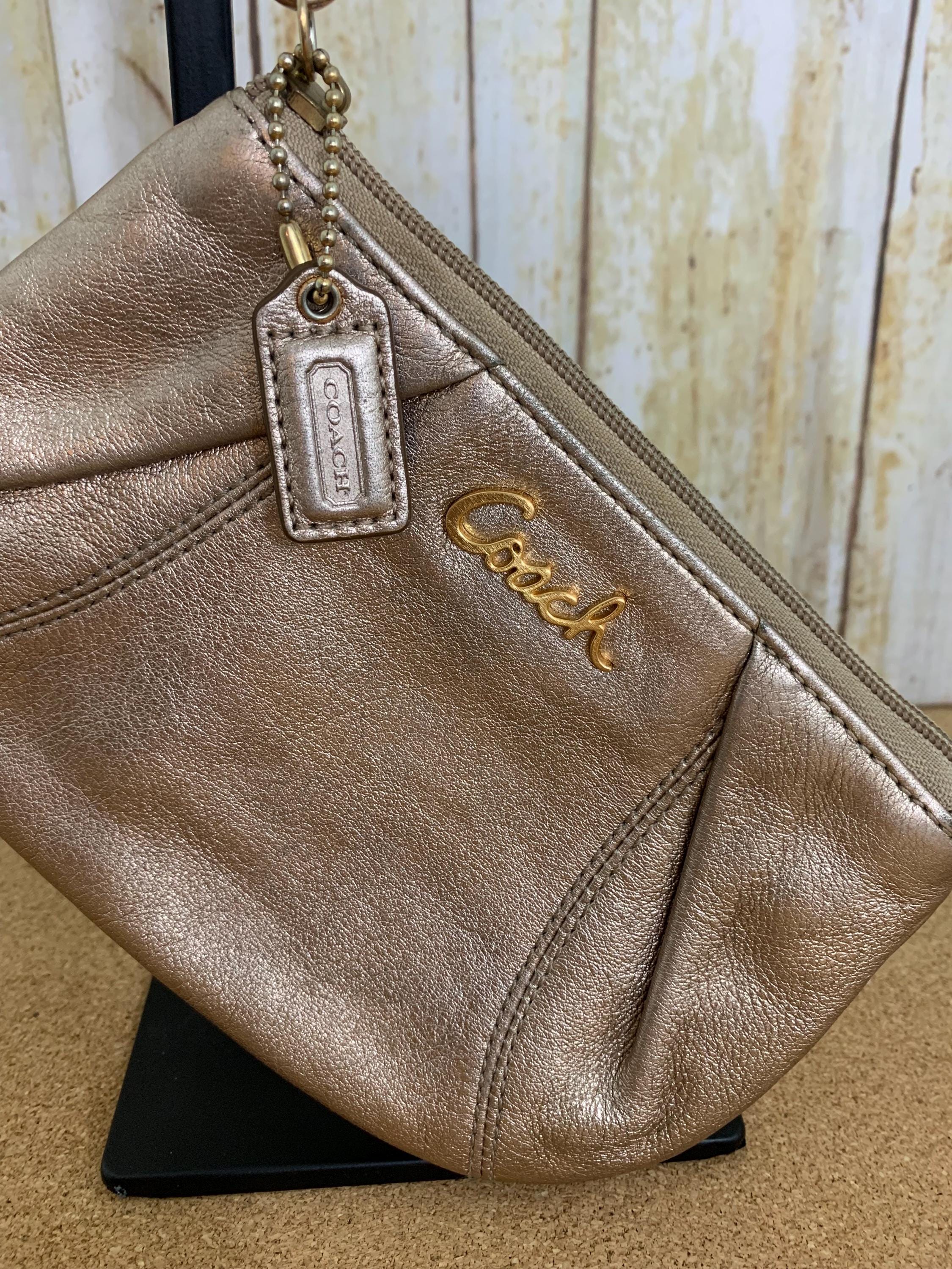 Coach Champagne Gold Wristlet w/ Seafoam Silk Hair Ribbon & Matching Gold Ring coach gold wristlet products for sale | eBay main image 3