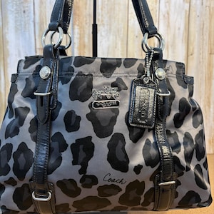 Coach Mia Ocelot satchel in black and gray leopard print lurex exterior with black patent leather trim D1069-15778