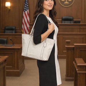 May include: A light gray leather tote bag with dual shoulder straps, vertical stitched detailing, and a small leather hangtag. The bag features a rectangular silhouette with a flat base and a subtle embossed logo on the front center panel.