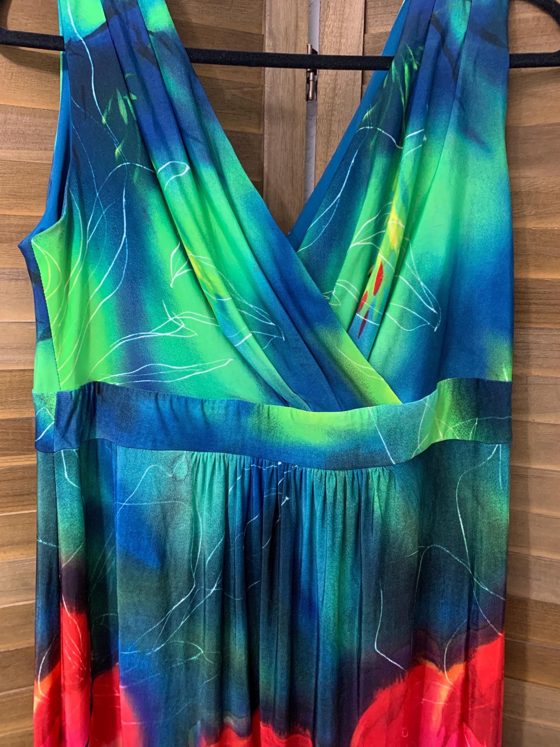 Vintage Ashley Stewart brand size 12 maxi sleeveless dress in green and blue merged into orange and yellow abstract ombre print.