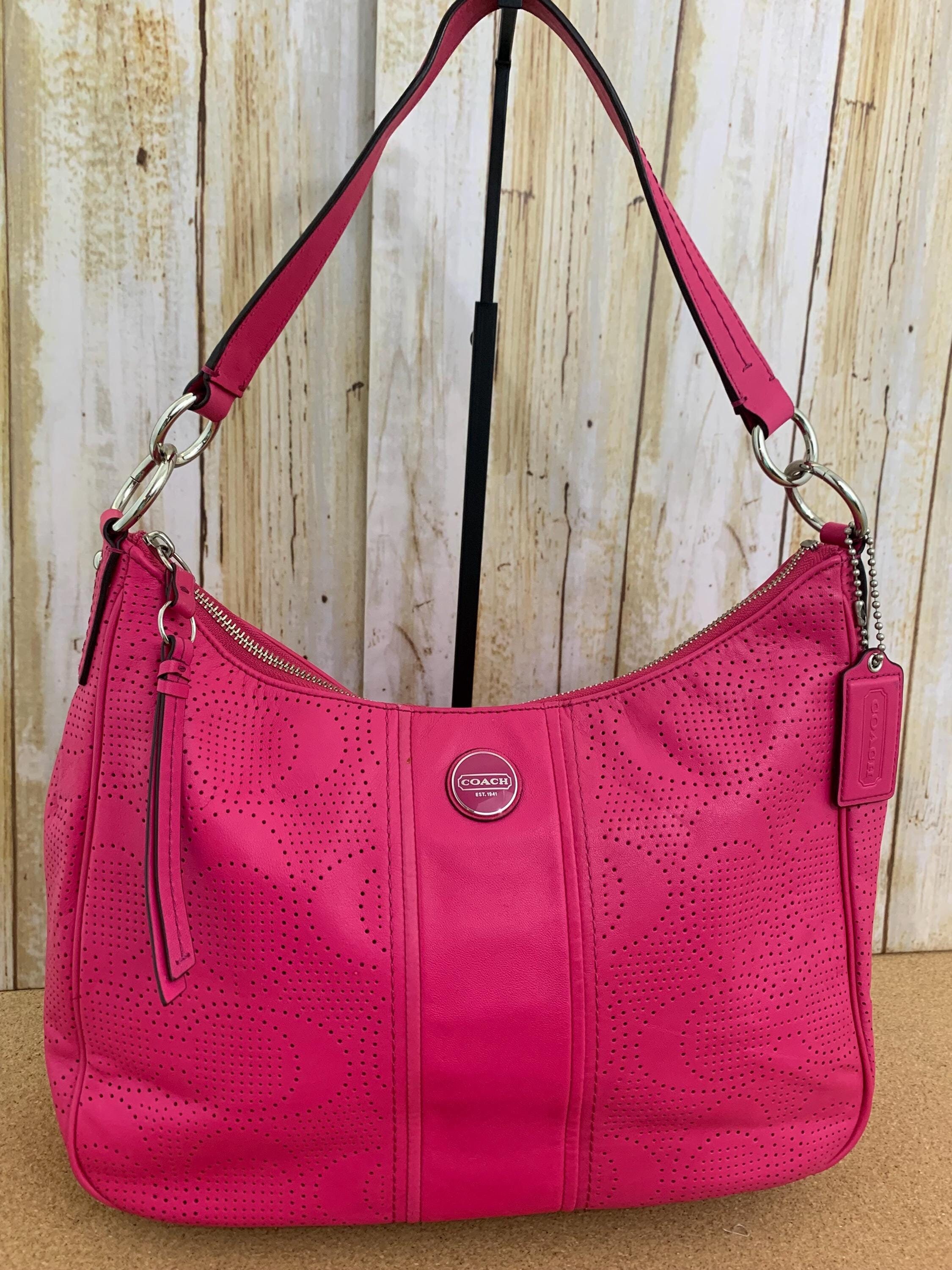 Coach Fuchsia Perforated Signature Stripe Leather Hobo Shoulder
