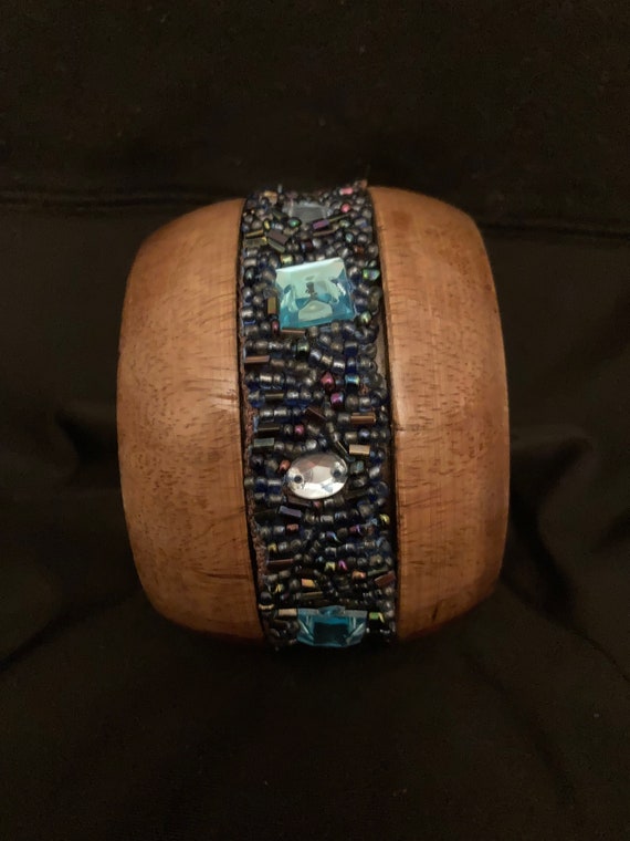 Beautiful Vintage Wood Bracelet w/ Blue/Purple Ir… - image 1