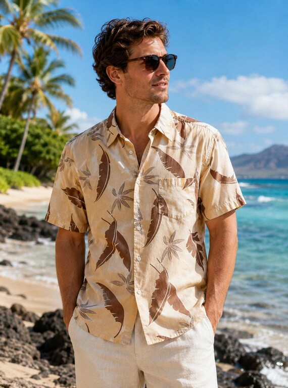 Sale: Apparel Zone Men's Large Hawaiian Shirt.  Brown Foliage Over a Cream Background