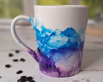 Ceramic Coffee Mug Tea Cup Purple Blue Alcohol Ink