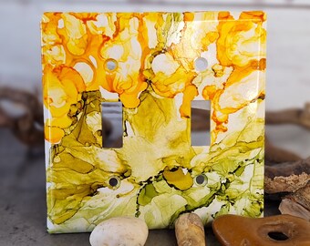 Decorative Switch Plate Green Orange White Alcohol Ink