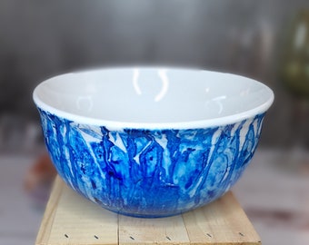 Ceramic Serving Bowl "Waterfall" Vivid Blue Alcohol Ink