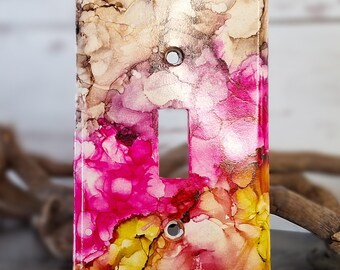 Decorative Switch Plate Pink Green Brown White Alcohol Ink