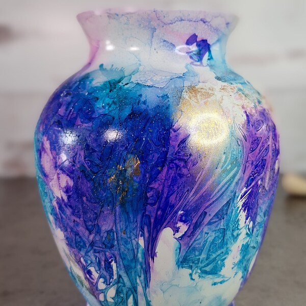 Decorative Glass Vase Purple Teal Gold White Alcohol Ink