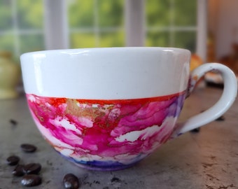 Classic Ceramic Coffee Tea Mug Cup Pink Red Purple Gold Metallic Alcohol Ink