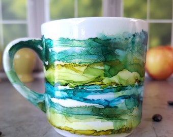 Ceramic Coffee Mug Tea Cup Blue Green Antique Gold Alcohol Ink