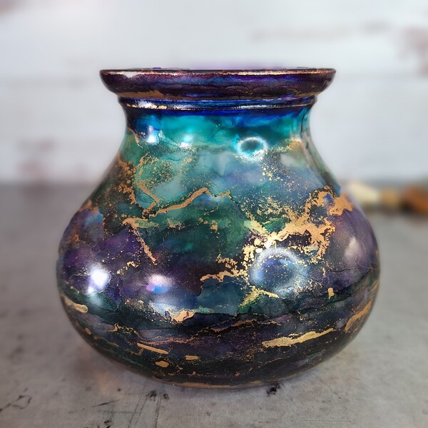 Decorative Glass Vase Purple Teal Green Gold Alcohol Ink