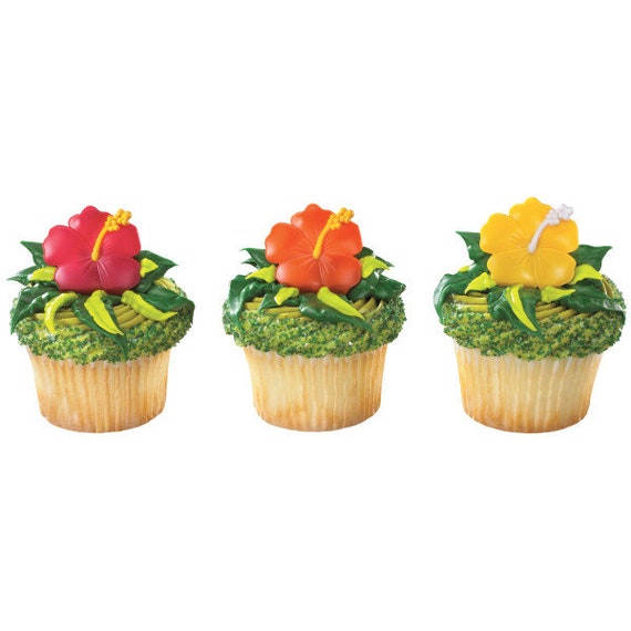 24 Hibiscus Cupcake Rings Luau Party Cake Toppers Decorations