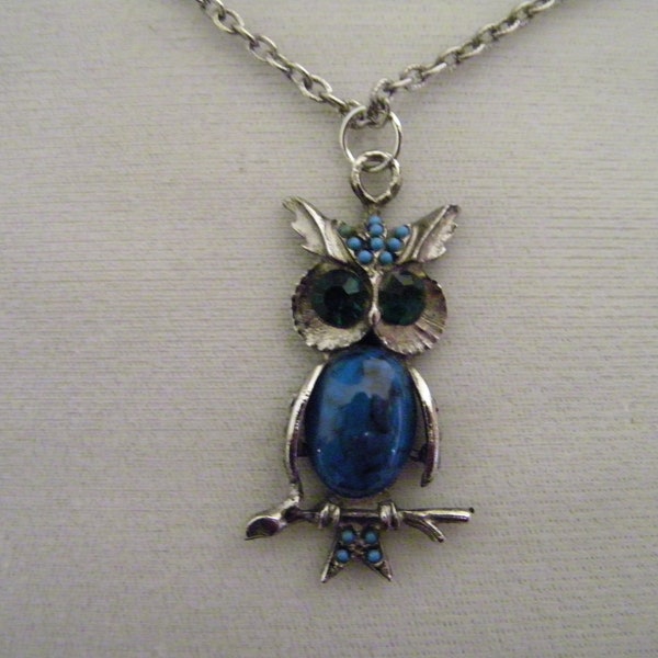 Vintage Owl Turquoise Rhinestone Silvertone Pendant Necklace