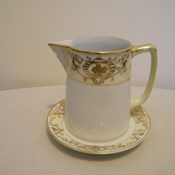 Antique Nippon Hand Painted Floral Gold Moriage Porcelain Syrup Pitcher with Underplate