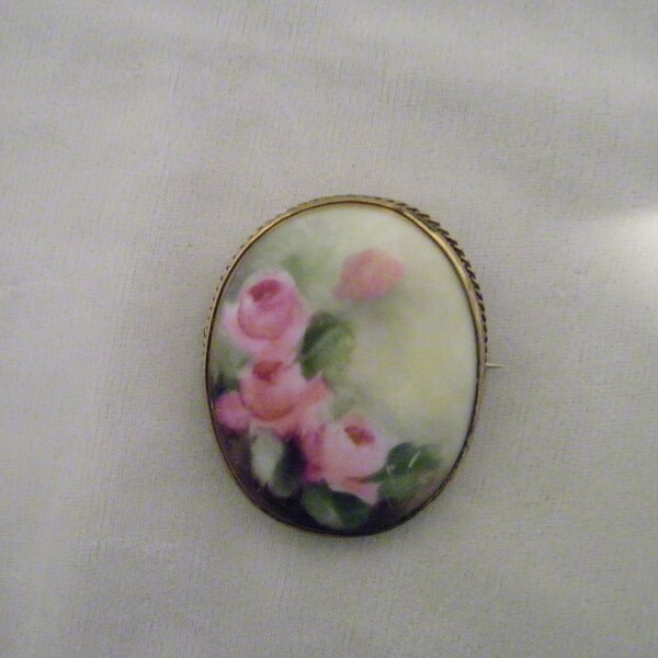 Broche Ancienne Antique En Porcelaine Peinte Pomponne - Métal Doré, Bijou De Collection