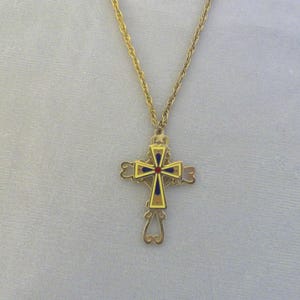 Vintage Enamel Goldtone 3D Cross Pendant Necklace
