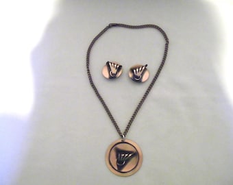 Vintage Art Deco Copper Pendant Necklace Earring Set