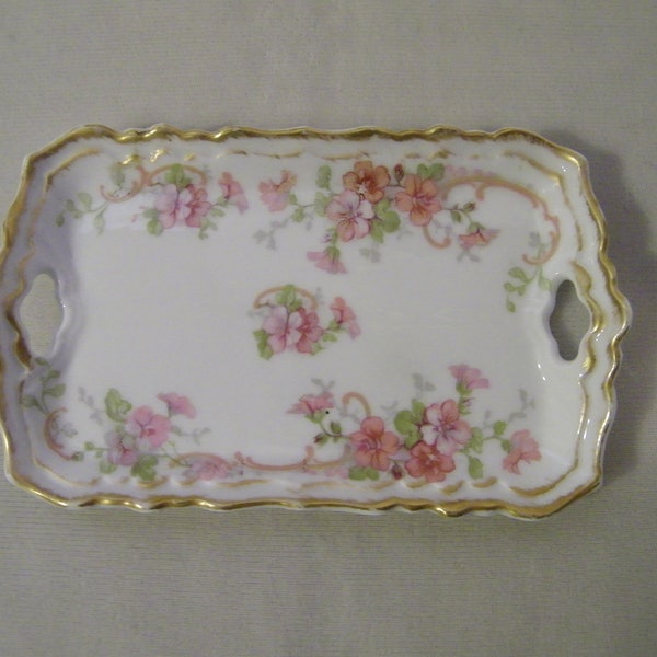 Antique Limoges France Pink Floral Jewelry Trinket Dresser Tray