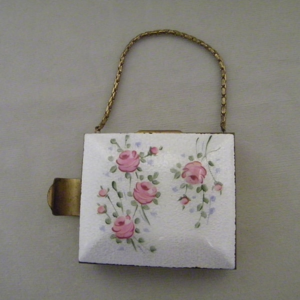 Vintage Guilloche Enamel Roses Brass Purse Compact Lipstick Holder