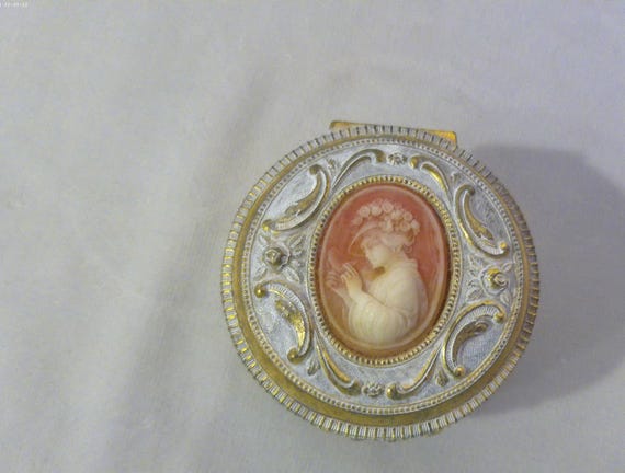Vintage Brass Cameo Round Footed Jewelry Trinket Vanity Box