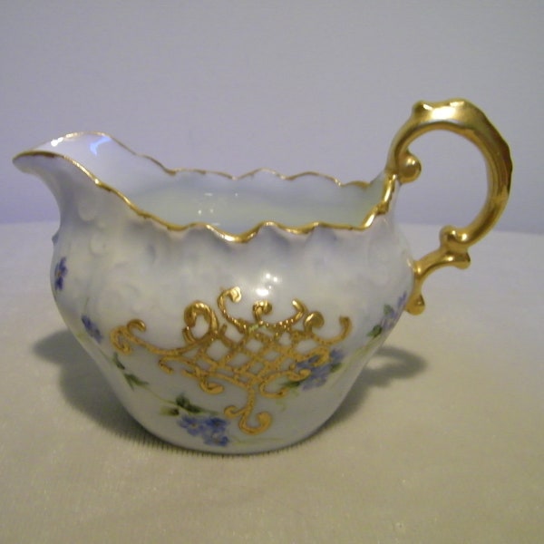 Antique Porcelain Handpainted Raised Gold Blue Forget Me Knot Flower Creamer