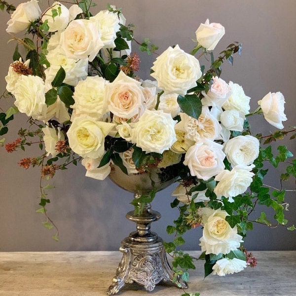 Large metal pedestal urn compote vases for floral arrangements and floral centerpieces. Flower urns, Flower vases, Floral Footed Vase.