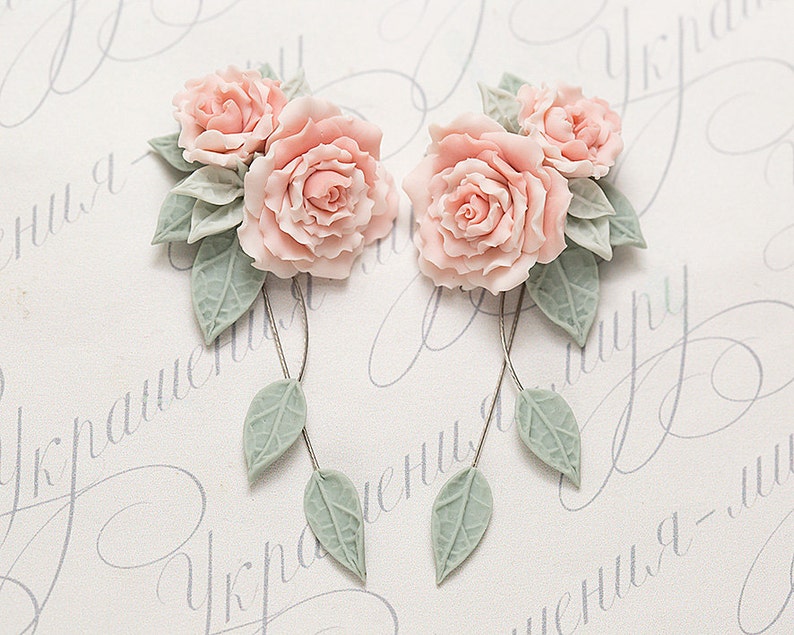 Pastel pink rose earrings. Dangle earrings. Gift for her. Etsy