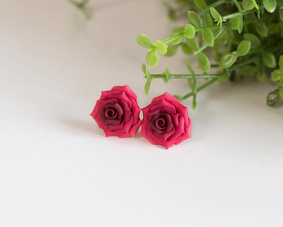 Red Rose Earrings Studs. Red Flower Earrings. Polymer Clay | Etsy
