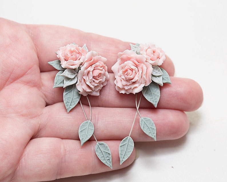 Pastel pink rose earrings. Dangle earrings. Gift for her. Etsy