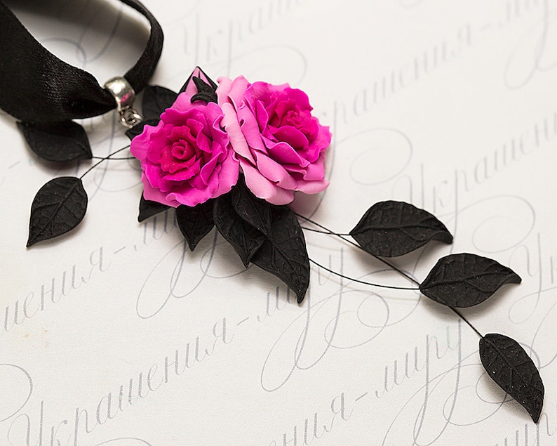 Hot Pink flower necklace Floral jewelry Polymer clay jewelry Rose jewelry Fuchsia pink rose necklace Black pink necklace Gift for her