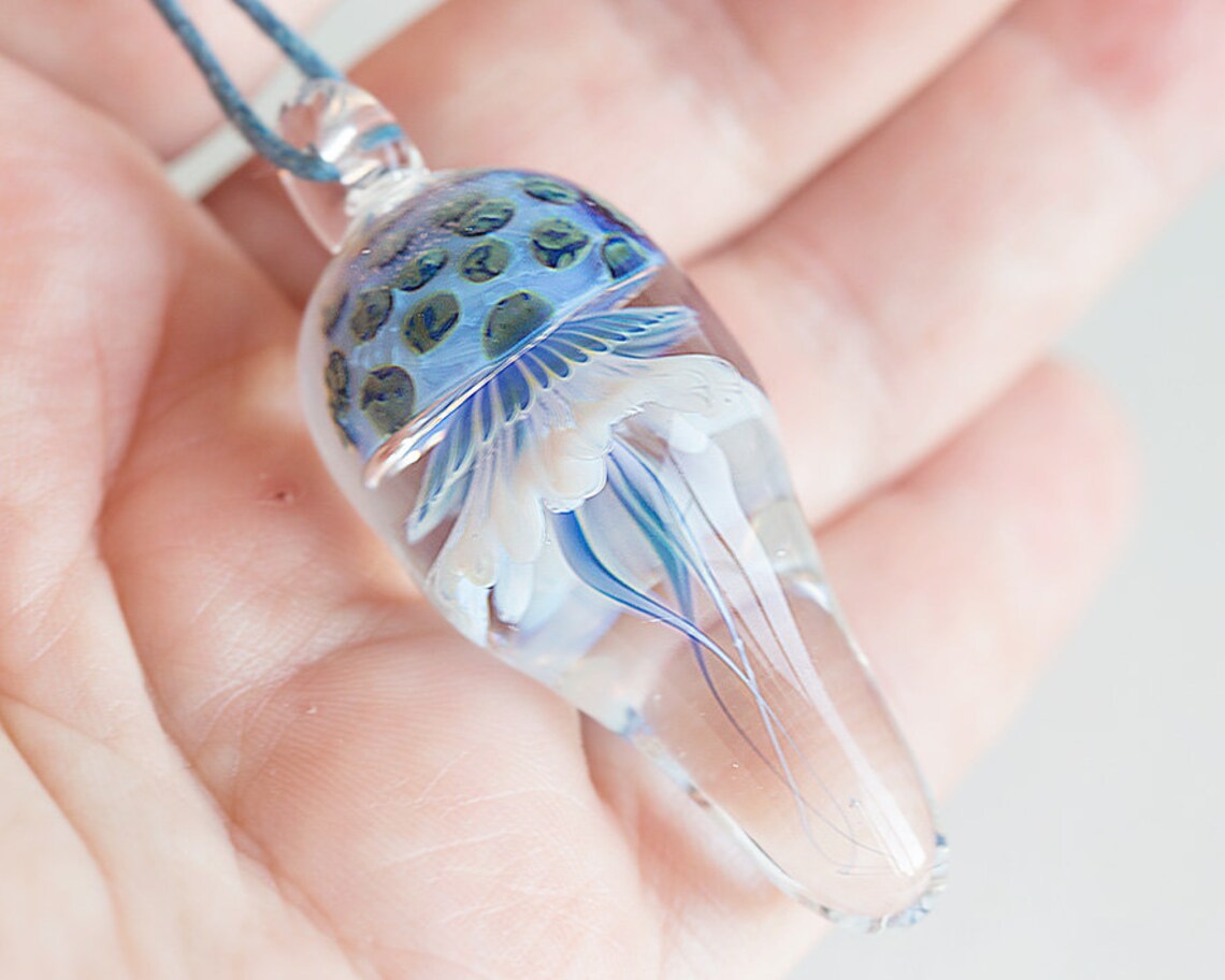 Glass Jellyfish necklace. Lampwork jellyfish pendant. Heady Etsy
