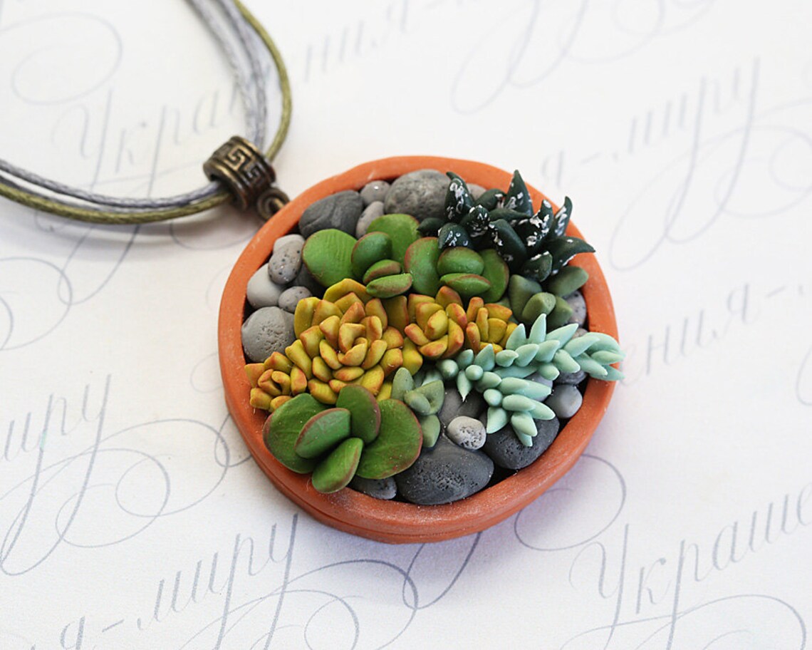 Succulent necklace pendant. Polymer clay Succulent garden Etsy
