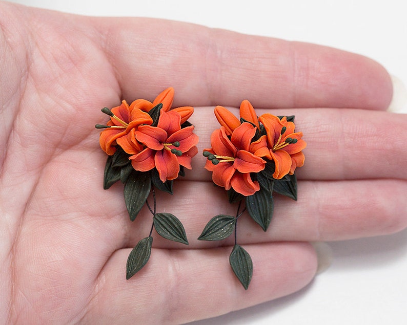 Tiger lily earrings. Fall jewelry. Orange flower earrings. Etsy