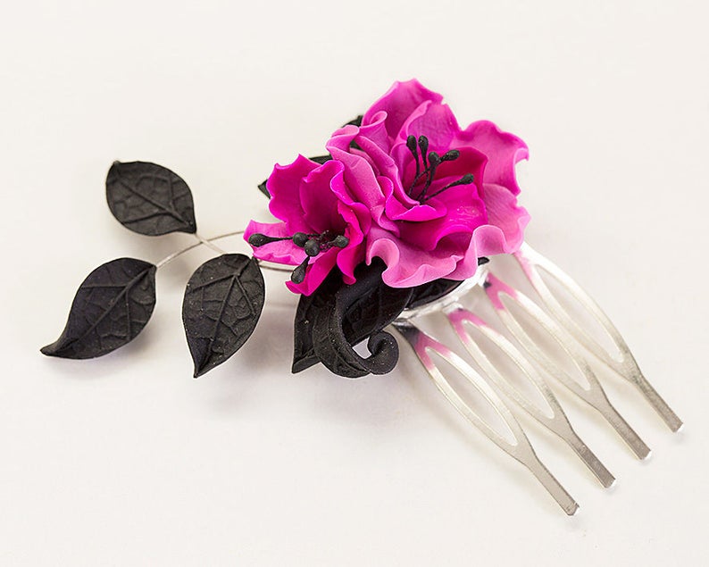Hot Pink flower hair comb. Floral Hair piece. Flower Head Etsy
