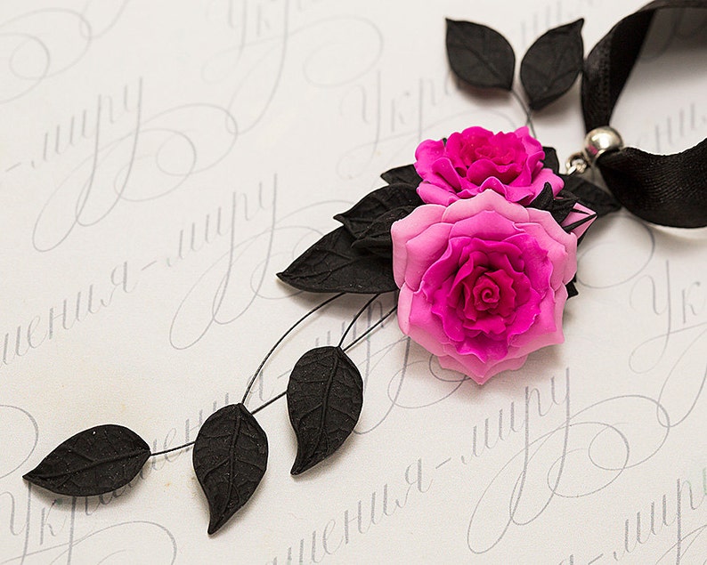 Hot Pink flower necklace Floral jewelry Polymer clay jewelry Rose jewelry Fuchsia pink rose necklace Black pink necklace Gift for her