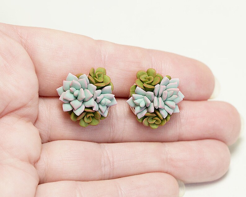 Mint green Succulent Earrings. Clay succulent Stud earrings. Etsy