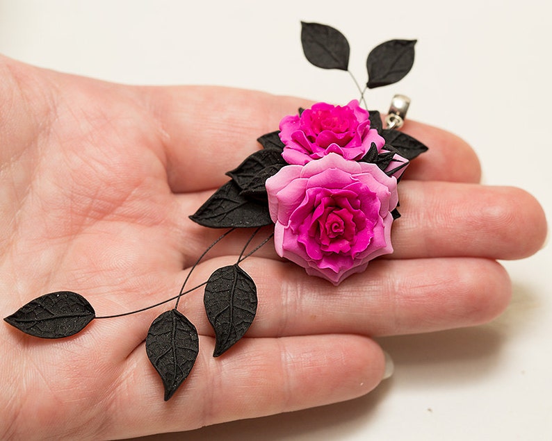 Hot Pink flower necklace Floral jewelry Polymer clay jewelry Rose jewelry Fuchsia pink rose necklace Black pink necklace Gift for her