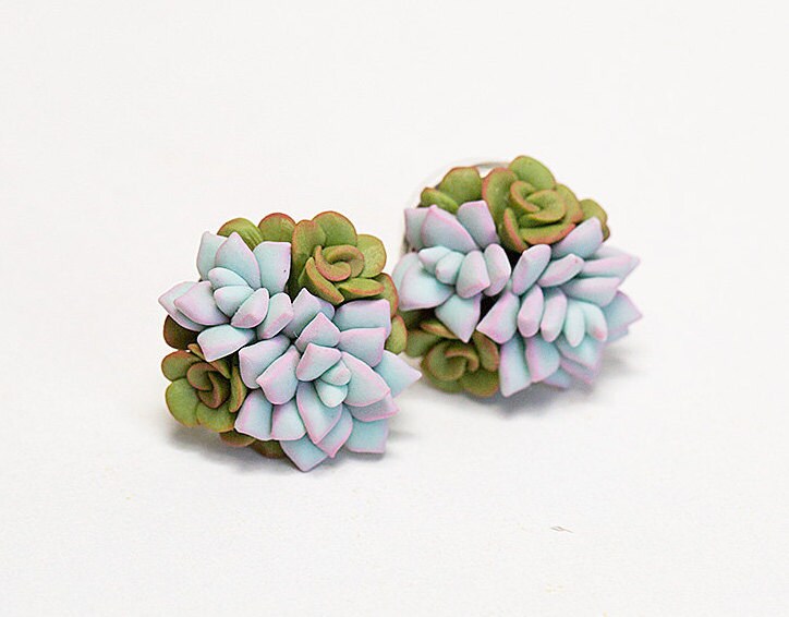 Mint green Succulent Earrings. Clay succulent Stud earrings. Etsy