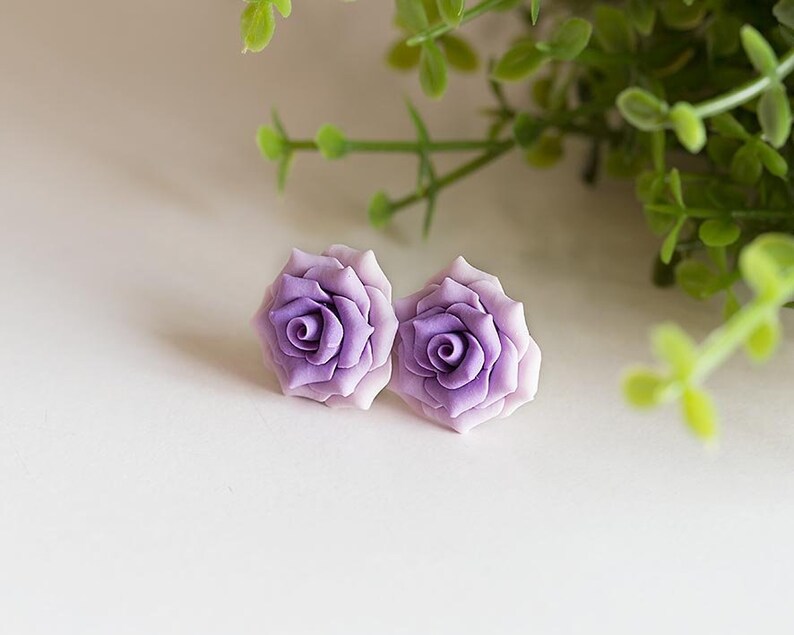 Violet flower earrings Gift wrap Polymer clay Rose Earrings Post Rose Jewelry Purple rose stud earrings Lavender rose Bridesmaids gift