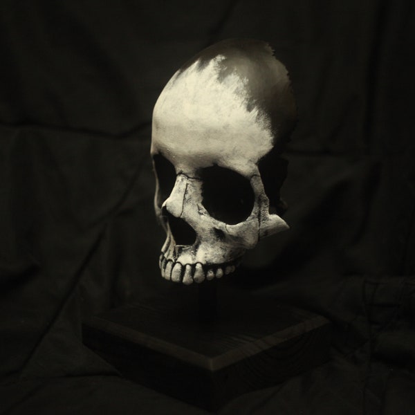 Full Size 3D printed Voodoo painted Skull Front with Painted Wooden Base