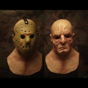 May include: A beige hockey mask with red triangular markings and circular ventilation holes, shown alongside a realistic, flesh-toned, bald humanoid mask with deep facial wrinkles, a prominent nose, and a stern, downturned mouth expression.