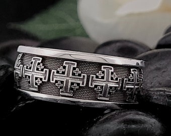 JERUSALEM CROSS WEDDING Ring Sculpted Religious Gospel Protestant Jewelry Christian Orthodox Church Band Anglican Episcopal Church Service