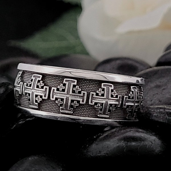 JERUSALEM CROSS WEDDING Ring Sculpted Religious Gospel Protestant Jewelry Christian Orthodox Church Band Anglican Episcopal Church Service