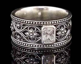 VALENCIA Intricate Gothic Solitaire Wedding Band in 925 Sterling Silver with 4x6mm Cubic Zirconia